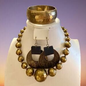 Vtg Brass Graduated Hollow Bench Beads Necklace Jewelry Set